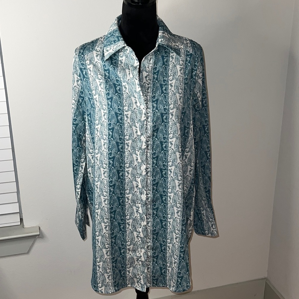 VICI paisley blue aqua white hues buttoned down long sleeves shirt dress tunic S
